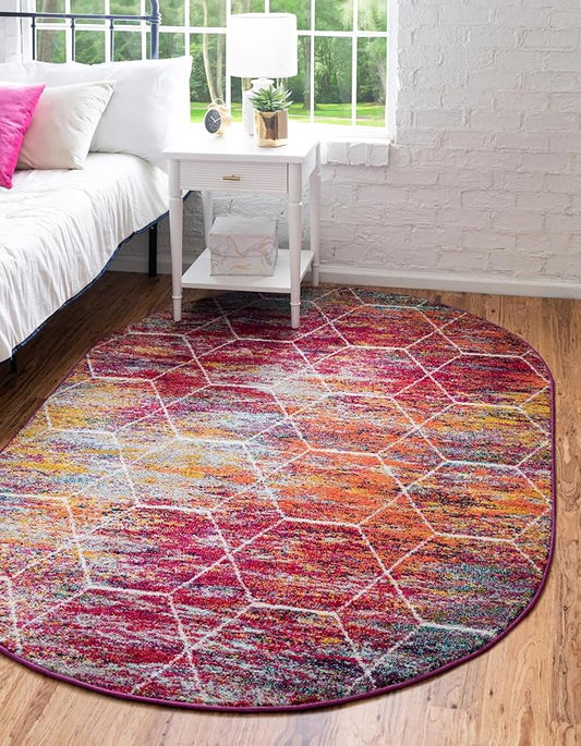 Unique Loom Trellis Frieze Collection Area Rug - Geometric (3' x 5' Oval, Multi/ Ivory)