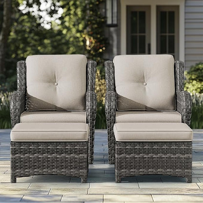 4 Pieces Patio Conversation Set, Wicker Chairs Set of 2 and Two Ottomans with 3.5-inch Seat Cushions, High Back and Curved Armrest for Backyard, Balcony and Deck, Beige