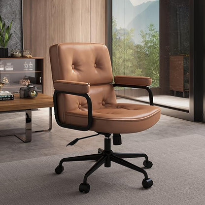 Brown Office Chair, Modern Leather Desk Chair with Wheels and Arms, Adjustable Height, Comfy Wide Desk Chair with Lumbar Support