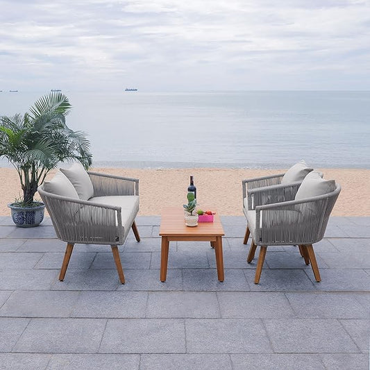 SAFAVIEH PAT7072A Outdoor Velso Rope 4-Piece Seat Cushions and Pillows Included Patio Set