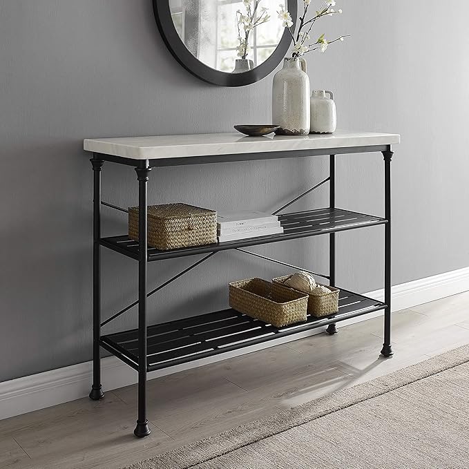 Crosley Furniture Madeleine Sofa Console Table with Storage Shelves for Hall, Entryway, or Living Room, Steel with Faux Marble Top