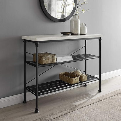 Crosley Furniture Madeleine Sofa Console Table with Storage Shelves for Hall, Entryway, or Living Room, Steel with Faux Marble Top