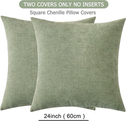 GAWAMAY Decorative Chenille Throw Pillow Covers 24x24 Inch Pack of 2, Soft Square Couch Pillow Cover for Sofa Cushion Living Room Bedroom Solid Dyed Pillowcases Sage Green 60x60cm (ONLY Covers)