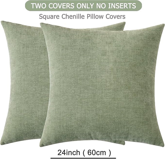 GAWAMAY Decorative Chenille Throw Pillow Covers 24x24 Inch Pack of 2, Soft Square Couch Pillow Cover for Sofa Cushion Living Room Bedroom Solid Dyed Pillowcases Sage Green 60x60cm (ONLY Covers)