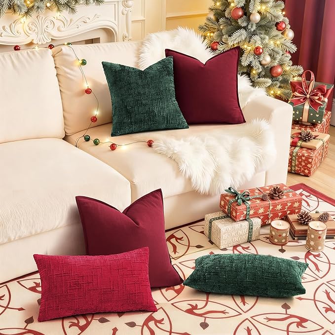 decorUhome Christmas Green Chenille Throw Pillow Covers 18x18 Set of 2 Thick Textured Slubby Couch Pillow Covers Farmhouse Accent Modern Neutral Decorative Pillow Cases for Bed Sofa Living Room