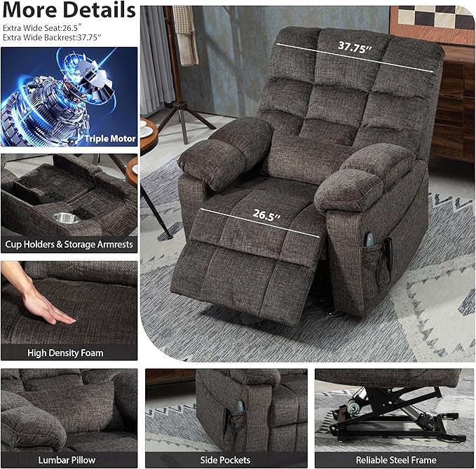 Oversized Zero Gravity Power Lift Recliner Chair for Elderly Adults Big Man Electric Lay Flat Recliner Triple Motor with Heat and Massage, Adjustable Seat Height, Arm Storage, Cup Holder