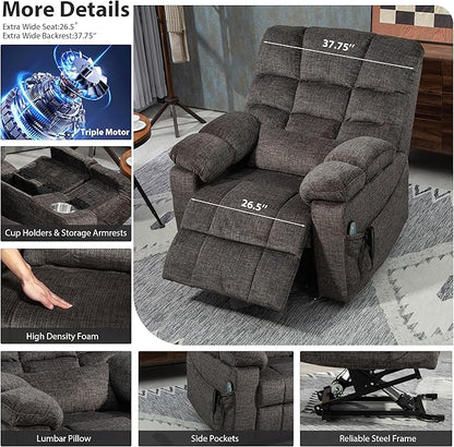 Oversized Zero Gravity Power Lift Recliner Chair for Elderly Adults Big Man Electric Lay Flat Recliner Triple Motor with Heat and Massage, Adjustable Seat Height, Arm Storage, Cup Holder