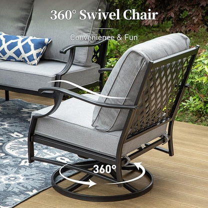 4 Piece Metal Outdoor Patio Furniture Set, Patio Conversation Sets 1 3-seater Sofa, 2 Swivel Chair with 5.75" Extra Thick Cushion and Coffee Table, Black Frame Backyard Furniture, Gray