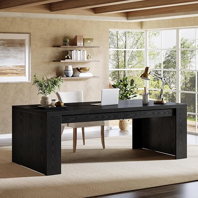 Tribesigns 70.9-Inch Executive Desk, Large Wooden Computer Office Desk with Sturdy Double Pedestal Legs, Writing Table Business Workspace Home Office Furniture for Home Office (Black)