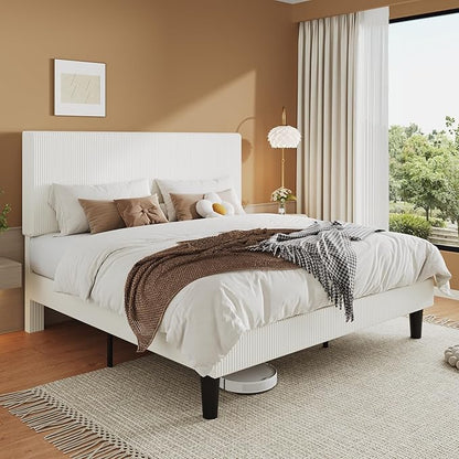 Allewie King Size Upholstered Bed Frame with Vertical Channel Tufted Headboard, Soft Corduroy Fabric Platform Bed, Strong Wooden Slats Support, Easy Assembly, No Box Spring Needed, White