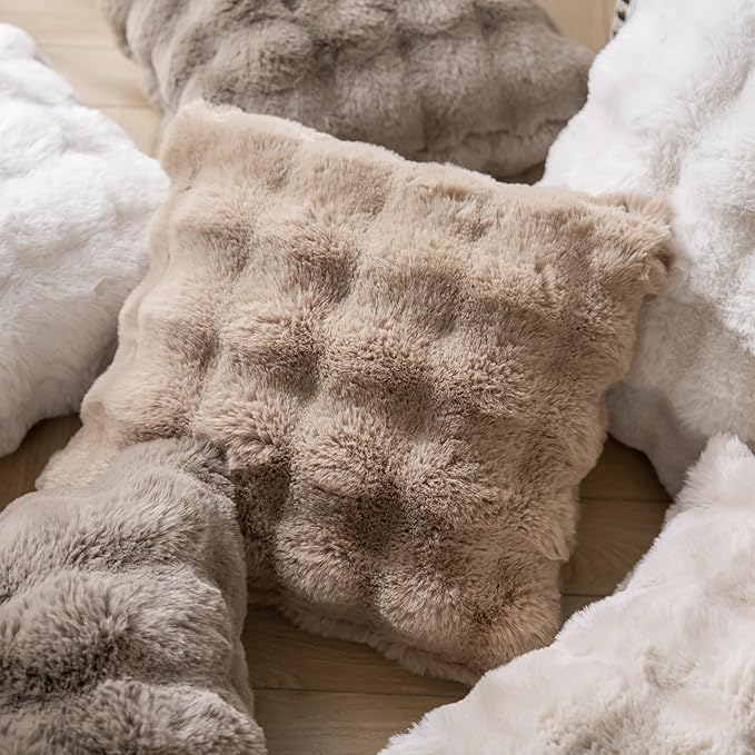 Pack of 2 Thick Plush Throw Pillow Covers Fluffy Wave Faux Fur Decorative Cushion Covers Soft Wool Pillowcase for Sofa Couch Livingroom 20x20 Inch Camel