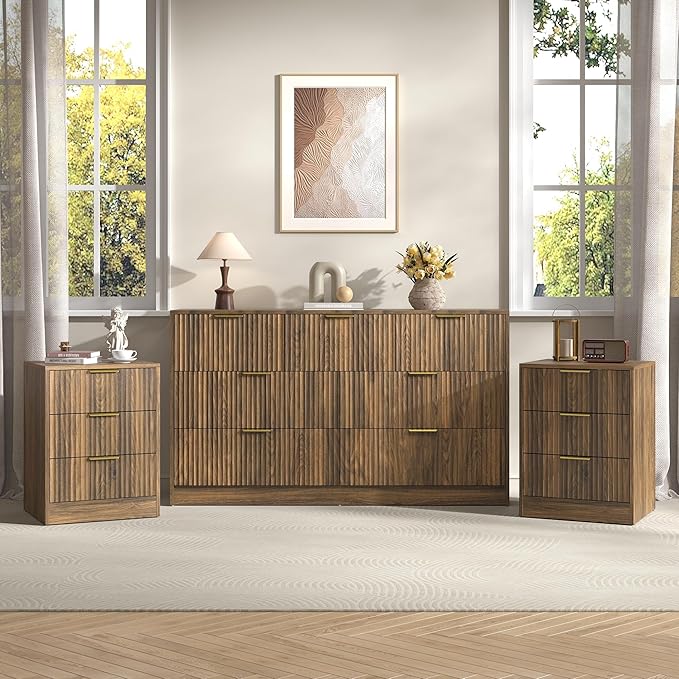 3-Piece Modern Bedroom Furniture Set, Wide 7-Drawer Dresser & 3-Drawer Nightstands Set of 2, Natural Wood Dresser and Nightstand Sets for Bedroom,Hallway, Walnut