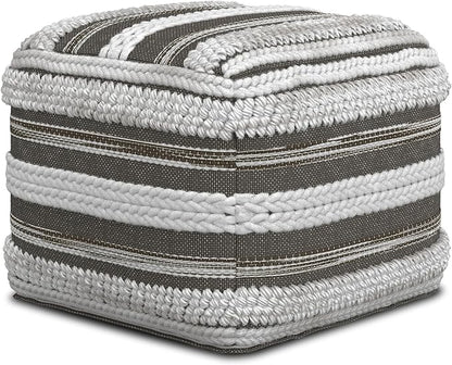 SIMPLIHOME Sommer Boho Square Pouf in Natural/Taupe Grey Handloom Woven Pattern for the Living Room, Bedroom and Kids Room