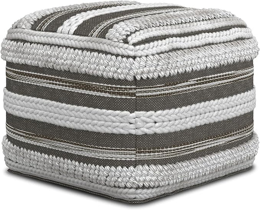 SIMPLIHOME Sommer Boho Square Pouf in Natural/Taupe Grey Handloom Woven Pattern for the Living Room, Bedroom and Kids Room