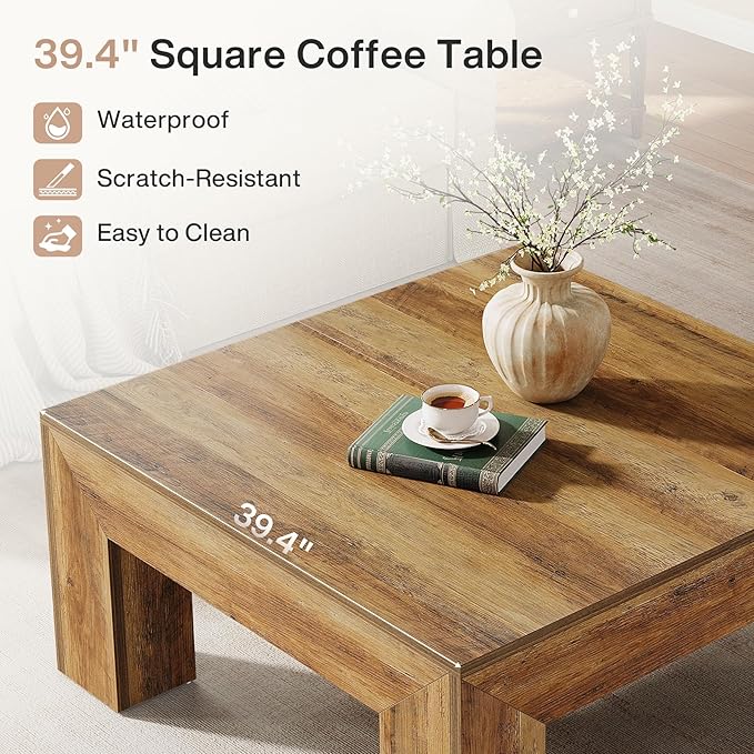 Tribesigns Farmhouse Square Coffee Table for Living Room, 39.37-Inch Low Large Center Tea Accent Table with Sturdy Legs, Easy Assembly (Rustic Brown)