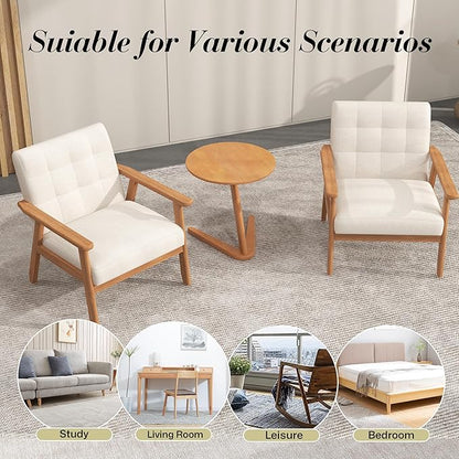 KCC Mid-Century Modern Linen Fabric Accent Chair, Upholstered Leisure Chair Comfy Reading Side Chair with Armrest and Solid Wood Frame for Living Room Bedroom Balcony(Beige)