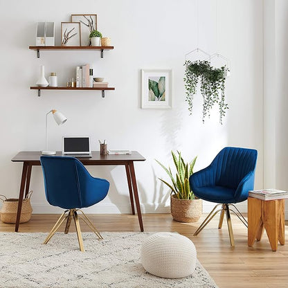 Zouron Mid Century Modern Swivel Accent Chair with Gold Metal Legs, Upholstered Swivel Chair No Wheels, Side Accent Arm Chair Vanity Chair for Small Space Home Office Living Room Bedroom, Dark Blue