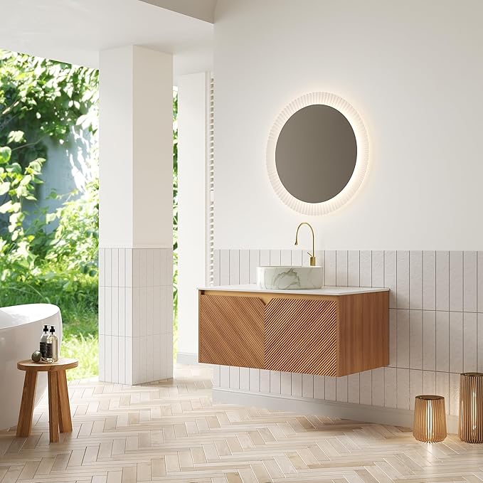 36 Inch Floating Bathroom Vanity with Vessel Sink, Fluted Modern Cabinet with 2 Doors, White Ceramic Sink with Stone Pattern & Sintered Stone Top, Oak