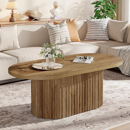 Tribesigns Oval Coffee Table, 47.2" Farmhouse Wooden Center Table with Fluted Design, for Living Room, Office, Apartment, Rustic Brown