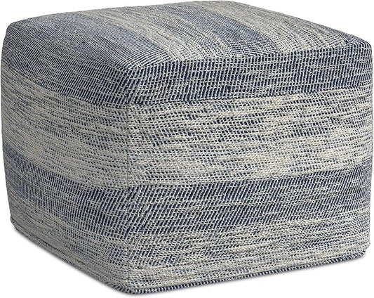 SIMPLIHOME Clay Boho Square Pouf in Patterened Teal Melange Cotton for the Living Room, Bedroom and Kids Room