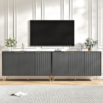Storage Cabinet Set of 2, Black Fluted Cabinet with Adjustable Shelves, Modern Coffee Bar for Kitchen, Living Room and Office