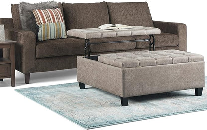 SIMPLIHOME Harrison 36 inch Wide Transitional Square Coffee Table Storage Ottoman in Distressed Grey Taupe Vegan Faux Leather, Assembled, For the Living Room and Bedroom