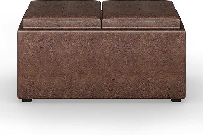 SIMPLIHOME Avalon 35 inch Wide Contemporary Rectangle 5 Pc Storage Ottoman in Distressed Chestnut Brown Vegan Faux Leather, Assembled, For the Living Room, Entryway and Family Room