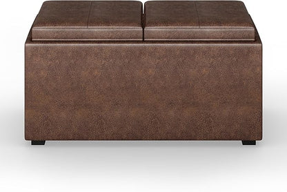 SIMPLIHOME Avalon 35 inch Wide Contemporary Rectangle 5 Pc Storage Ottoman in Distressed Chestnut Brown Vegan Faux Leather, Assembled, For the Living Room, Entryway and Family Room