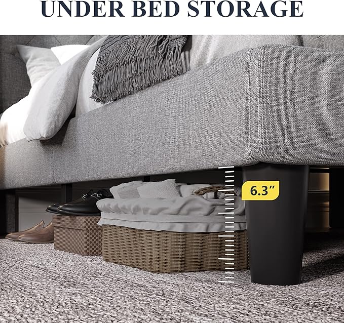 Allewie Full Size Bed Frame with Button Tufted Wingback Headboard, Modern Fabric Upholstered Platform Bed Frame with Strong Wood Slat Support, No Box Spring Needed, Easy Assembly, Light Grey