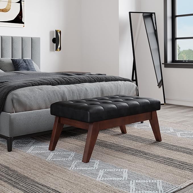 SIMPLIHOME Draper 40 inch Wide Mid Century Modern Rectangle Tufted Ottoman Bench in Distressed Black Vegan Faux Leather, Assembled, For the Living Room and Bedroom