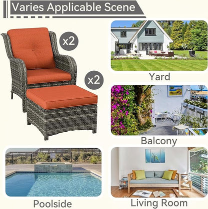 4 Pieces Patio Conversation Set, Wicker Chairs Set of 2 and Two Ottomans with 3.5-inch Seat Cushions, High Back and Curved Armrest for Backyard, Balcony and Deck, Orange