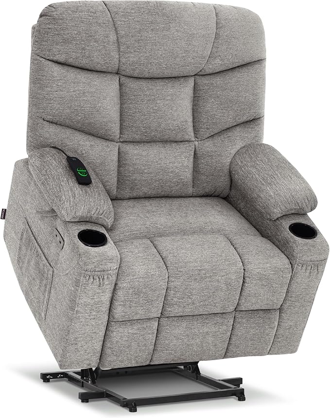 MCombo Oversized Power Lift Recliner Chair with Extended Footrest for Elderly People, Fabric R7289 (Light Grey, Medium-Oversize)