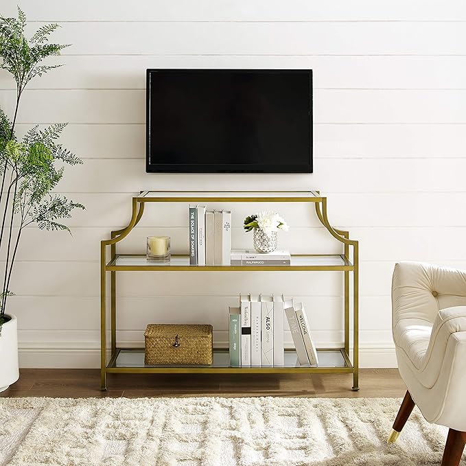 Crosley Furniture Aimee Sofa Console Table with Storage Shelves for Hall, Entryway, or Living Room, Gold and Glass