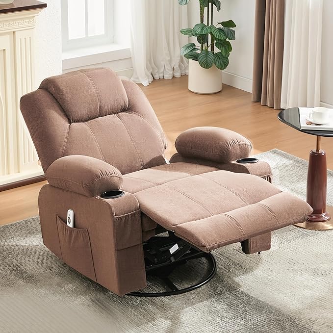 Oversized Swivel Rocker Recliner Chair with Heat and Massage, Large Big Recliner Chair for Living Room, 360 Degree Swivel Rocking Single Sofa with Cup Holders and USB Port(Fabric, Nut Brown)