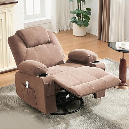 Oversized Swivel Rocker Recliner Chair with Heat and Massage, Large Big Recliner Chair for Living Room, 360 Degree Swivel Rocking Single Sofa with Cup Holders and USB Port(Fabric, Nut Brown)