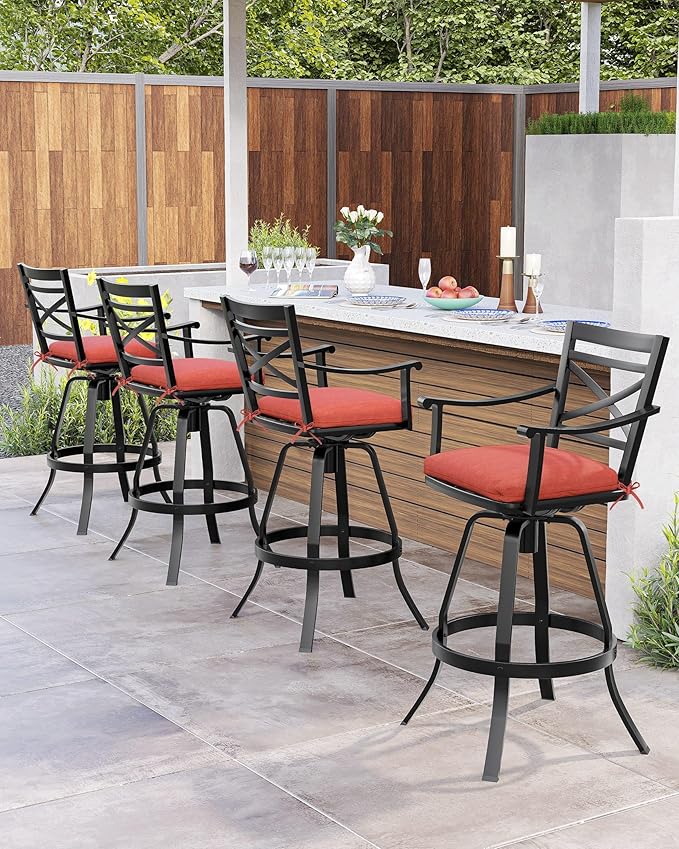 Pellebant 30" Sunbrella Outdoor Bar Stools Set of 2, Aluminum Swivel Patio Bar Height Bar Stools with Back & Footrest, for Deck Lawn Garden(Red)