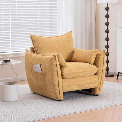 Chenille Oversized Accent Chairs, Modern Oversized Armchair with Removable Pillow, Comfy Living Room Chair with Side Pocket Storage for Bedroom, Office, Yellow