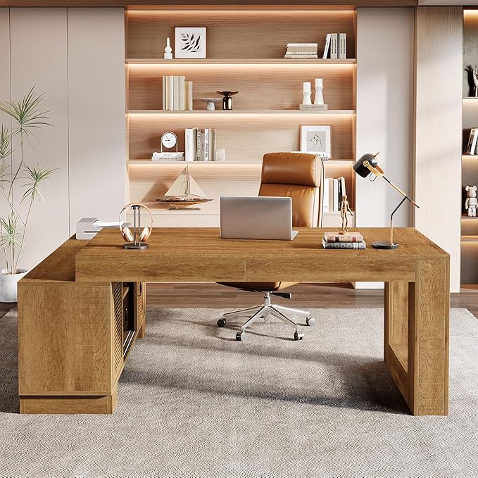Tribesigns L Shaped Executive Desk with Storage Cabinets and 2-Tier Shelf, 63-Inch Simple Modern Business Furniture Large Computer Writing Table Workstation for Home Office, Dark Brown