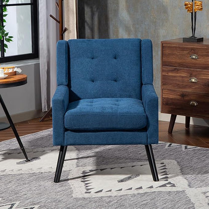 Mid-Century Modern Accent Chair, Plush Linen Fabric with Button Tufted High Back & 5" Thick Cushion, High Comfort Reading Chair for Living Room, Bedroom, Office (Blue)