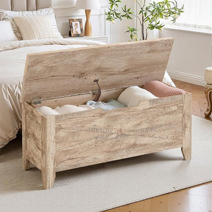 VECELO 43.3" Storage Bench, Entryway Shoe Ottoman, Farmhouse Style Bench with Handwoven Cushion and Metal Safety Hinges for Bedroom, Living Room, Entryway, Wood