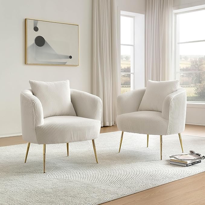 Art Leon Accent Chair Set of 2, Modern Velvet Upholstered Armchairs, Living Room Side Chairs Barrel Chairs with Golden Metal Legs, Off White
