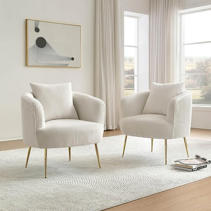 Art Leon Accent Chair Set of 2, Modern Velvet Upholstered Armchairs, Living Room Side Chairs Barrel Chairs with Golden Metal Legs, Off White