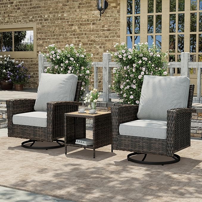 HERA'S HOUSE Outdoor Furniture, High Back Wicker Patio Swivel Chairs with Rattan Table for Deck Balcony Lawn Garden, Grey