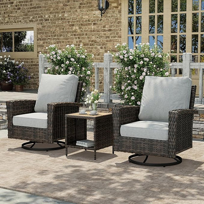 HERA'S HOUSE Outdoor Furniture, High Back Wicker Patio Swivel Chairs with Rattan Table for Deck Balcony Lawn Garden, Grey