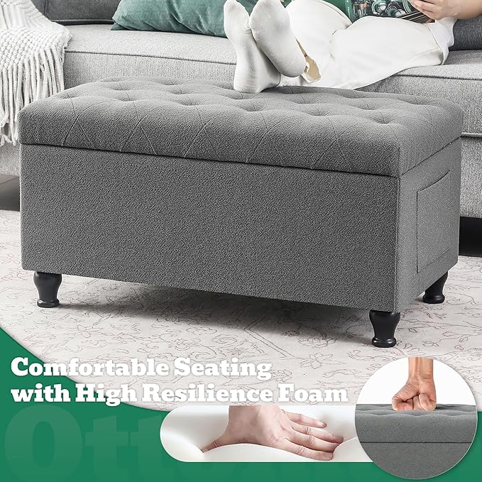 Ottoman with Storage 32'' Ottoman Storage Bench Fabric Ottomans Footstools Upholstered Foot Rest Stool for Couch, Living Room, Bedroom, Entrance Shoe Bench Gray