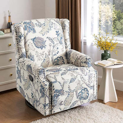 Swivel Glider Recliner Chairs Set of 2, High Back Rocker Reclining Accent Chair with Smooth Manual Mechanism for Nursery, Comfortable & Quiet Upholstered Armchair Seating-Bule Plant