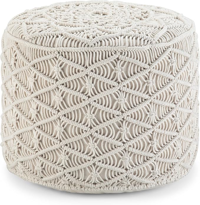 SIMPLIHOME Coates Boho Round Macrame Pouf in Natural Cotton for the Living Room, Bedroom and Kids Room