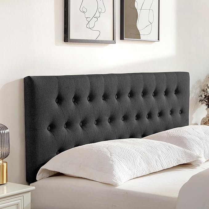 Tufted Upholstered Headboard Queen Size, Solid Wood Head Board with Durable Metal Legs, Adjustable Height Bed headboard from 37” to 51” Fabric Headboard in Modern Button Design (Black)