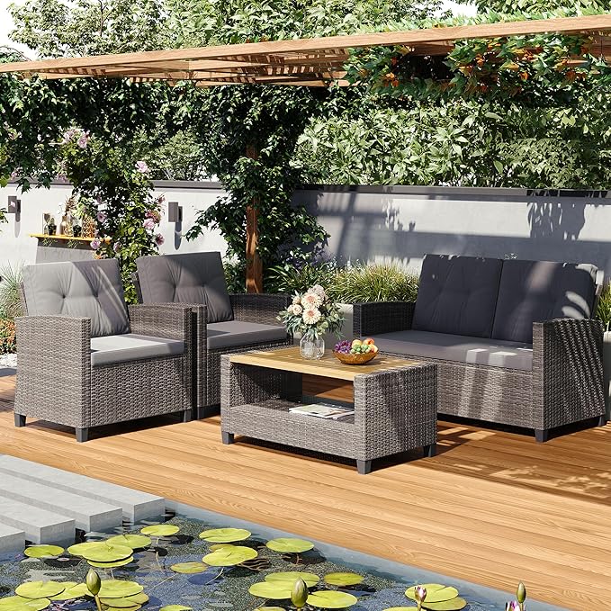 Wisteria Lane 4 Piece Patio Furniture Set, Wicker Outdoor Patio Conversation Furniture Set, All Weather Outdoor Patio Sofa with Cushion and Glass Table, Gray Wood