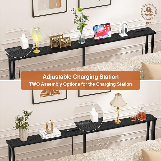 90" Narrow Sofa Table - 2 Power Outlets & 4 USB Ports, Metal Frame,Perfect for Hallway, Office, and Behind Sofa - Easy Assembly, 4.9ft Extension Cord Included Black
